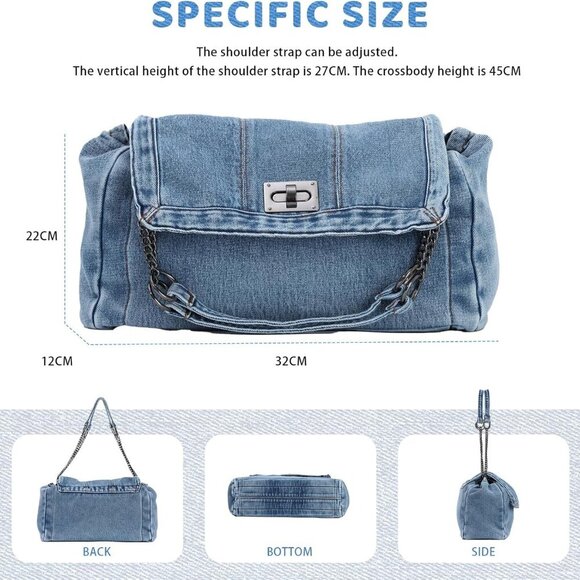 Denim Shoulder Bags for Women Retro Hobo Purse With Adjustable Chain Fashion Tot - Picture 4 of 7